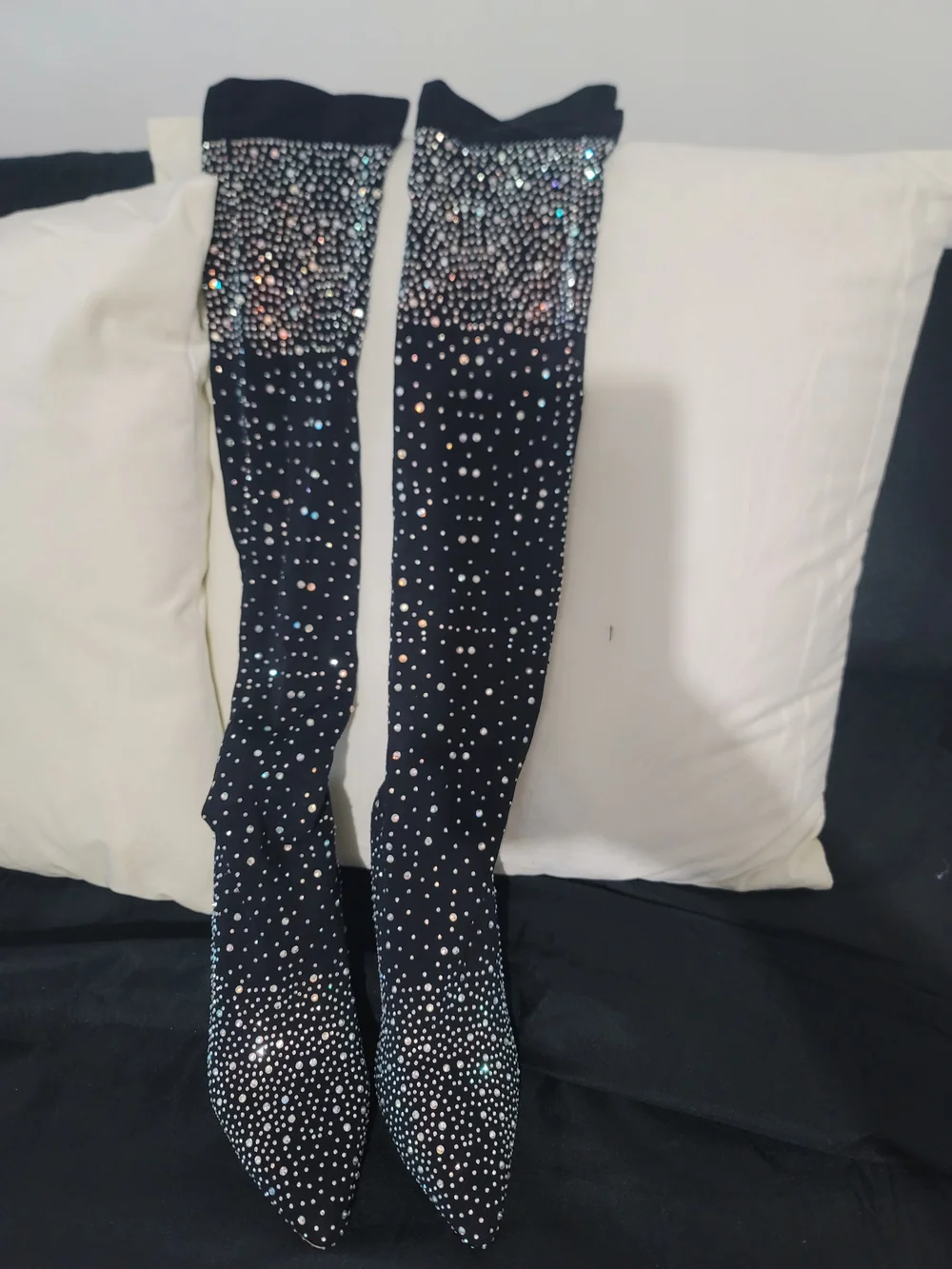 Black Embellished Over-the-Knee Boots - Sparkle Accent